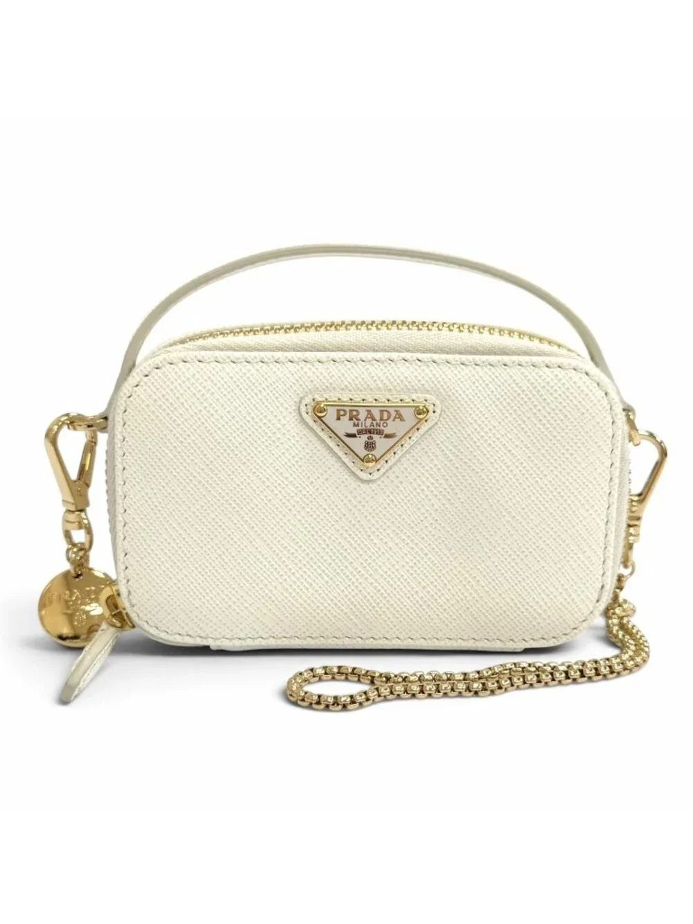 Prada Triangle Logo Saffiano Leather Chain Shoulder Mini Pouch White Gold